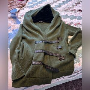 Army Green Nicholas K heavy sweater jacket with black velvet trim